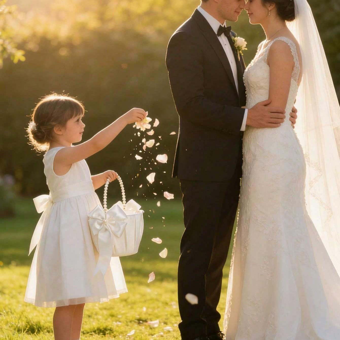 Cute Pearl Handle Flower Basket for Wedding Ceremony, Ivory Color Satin Bunting Floral Arrangement, Perfect for Bridal Party Decorations