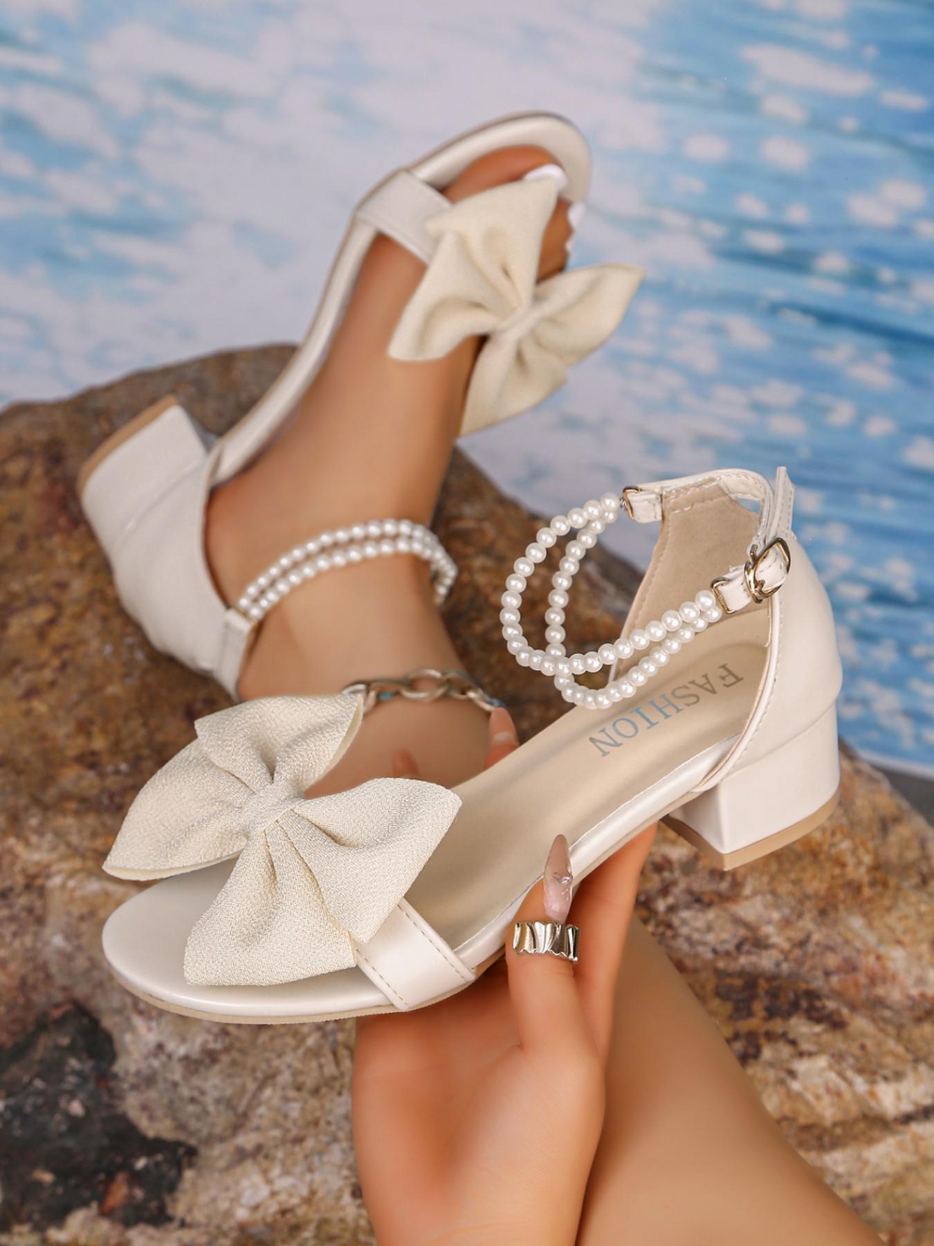 2026 Summer New Pearl Strap Bow Sandals Women, Thick Heel Buckle Roman Shoes, Fairy Style Mary Jane Shoes