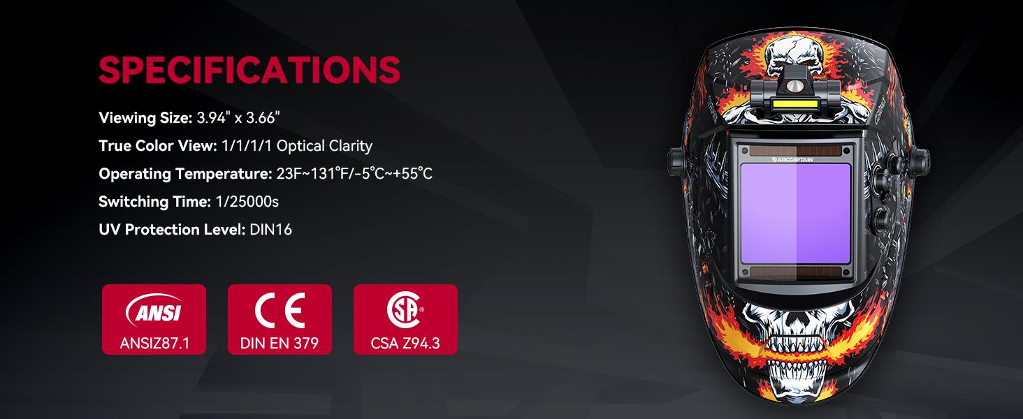 ARCCAPTAIN 3.94" x 3.66" Auto Darkening Welding Helmet, Solar Powered True Color Welding Hood, 1/1/1/1 Top Optical Clarity Welder Helmet, 4 Arc Sensor Wide Shade 4/5-9/9-13 for Stick MIG TIG Cut