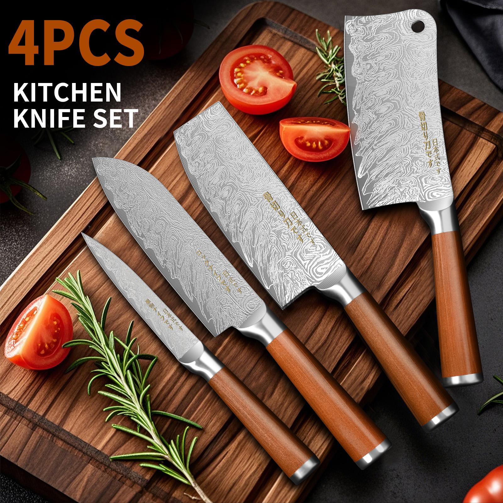 Japanese All Steel Kitchen Knives Block Set, Sharp Blade Chef Knife with Imitation Wooden Handle, Professional Cutting Tool for Bone, Meat, Fish, Vegetables. Ideal Chef Christmas Gift.