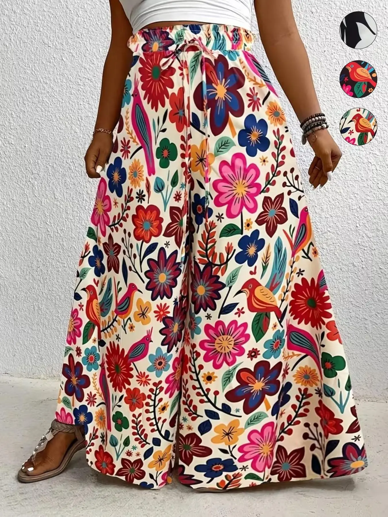 Plus Size Floral Print Wide-Leg Trousers, Casual High-Waisted Loose Pants, Relaxed Fit Drawstring Flowy Beach Pants for Daily Wear Bottom