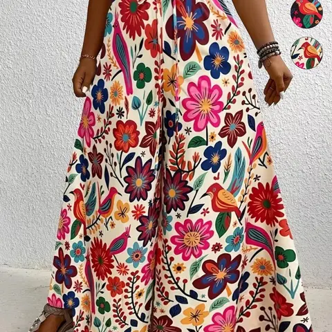 Plus Size Floral Print Wide-Leg Trousers, Casual High-Waisted Loose Pants, Relaxed Fit Drawstring Flowy Beach Pants for Daily Wear Bottom