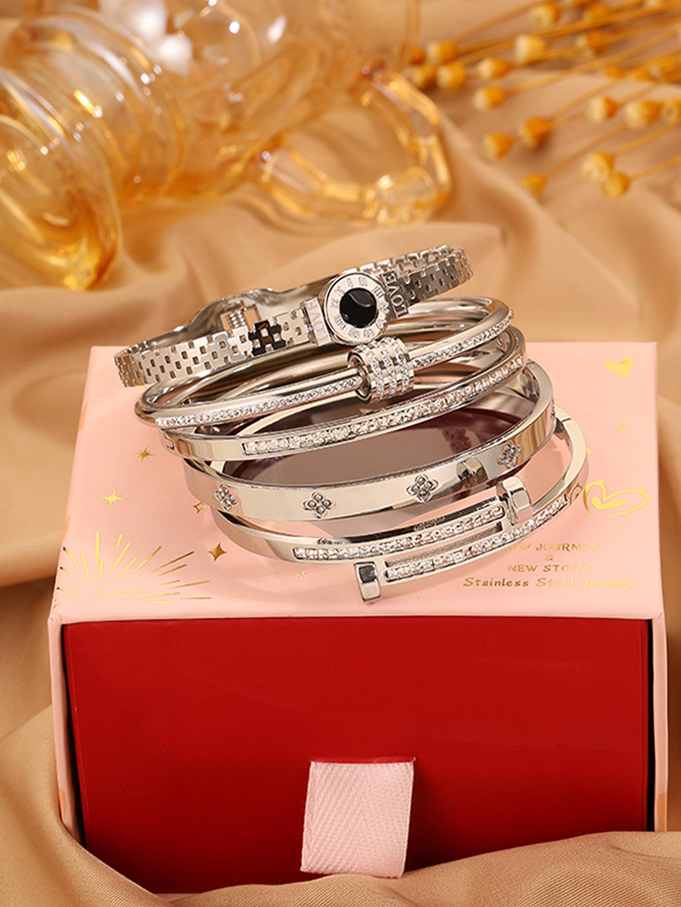 5-piece elegant and luxurious 304 stainless steel Romantic Bracelet Set with gift box, suitable for both women and men, high-quality and fashionable items