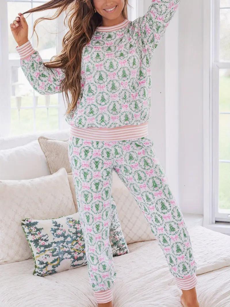 Women’s Christmas Loungewear Set Tree Bow Print Two Piece Pajamas Long Sleeve Top & Pants Comfy Lightweight Fabric Holiday Sleepwear
