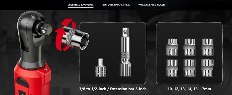 Alloyman 3/8" Cordless Ratchet Wrench Set, 60FT-LBS(80N.m) Electric Ratchet, 2 X 20V Chargeable Power Ratchet Wrench with Variable Speed, LED Light, 6 Sockets, 1/4" Adapter, 3" Extension Rod, Gifts for Perfect Christmas and New Year Idea