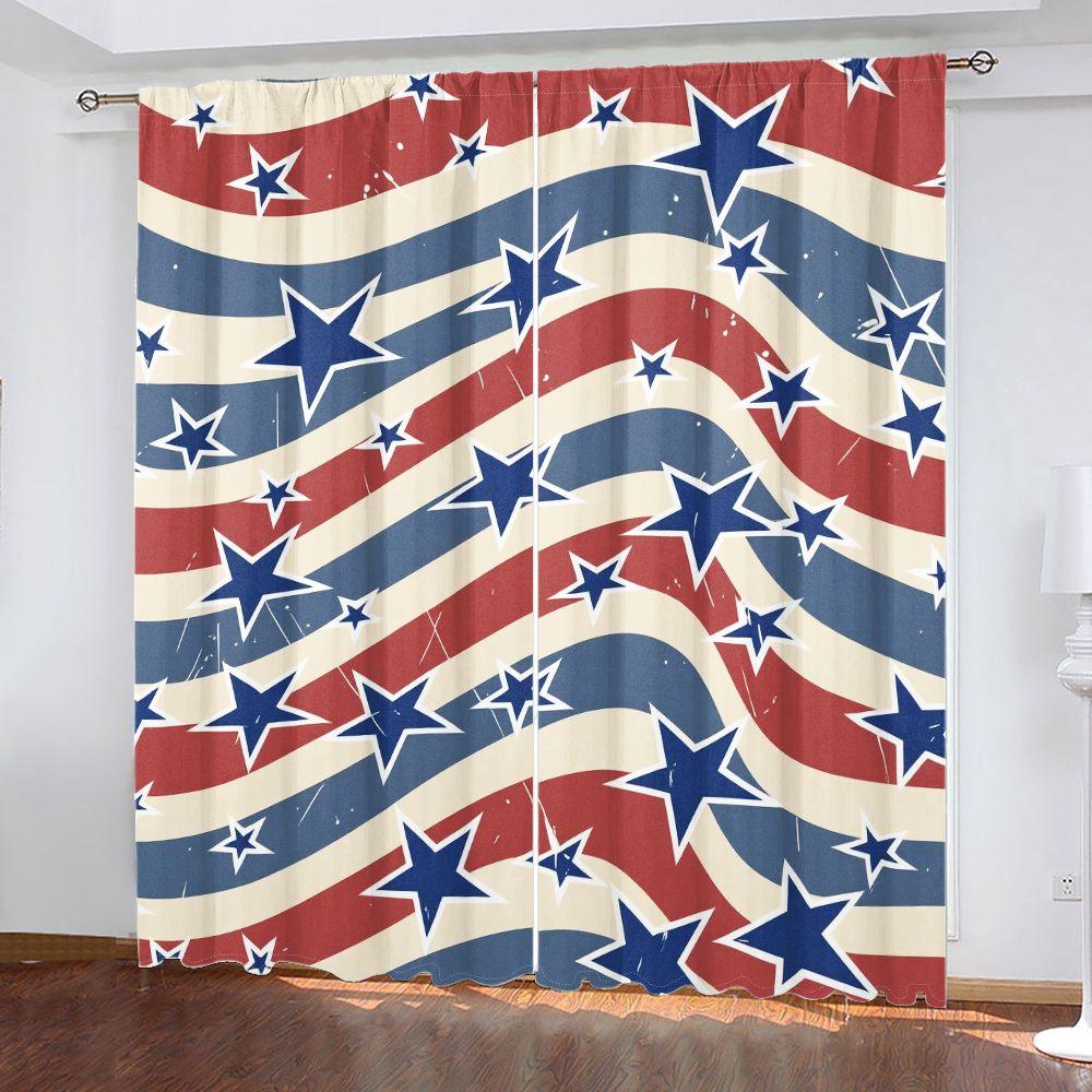 2D Flat 2-Piece Patriotic American Flag Window Curtain Set, Wavy Red White Blue Stripes with Blue Stars (Some White Outlines), Distressed Retro Pattern, Classic Stars & Stripes Design for Living Room Bedroom Decor