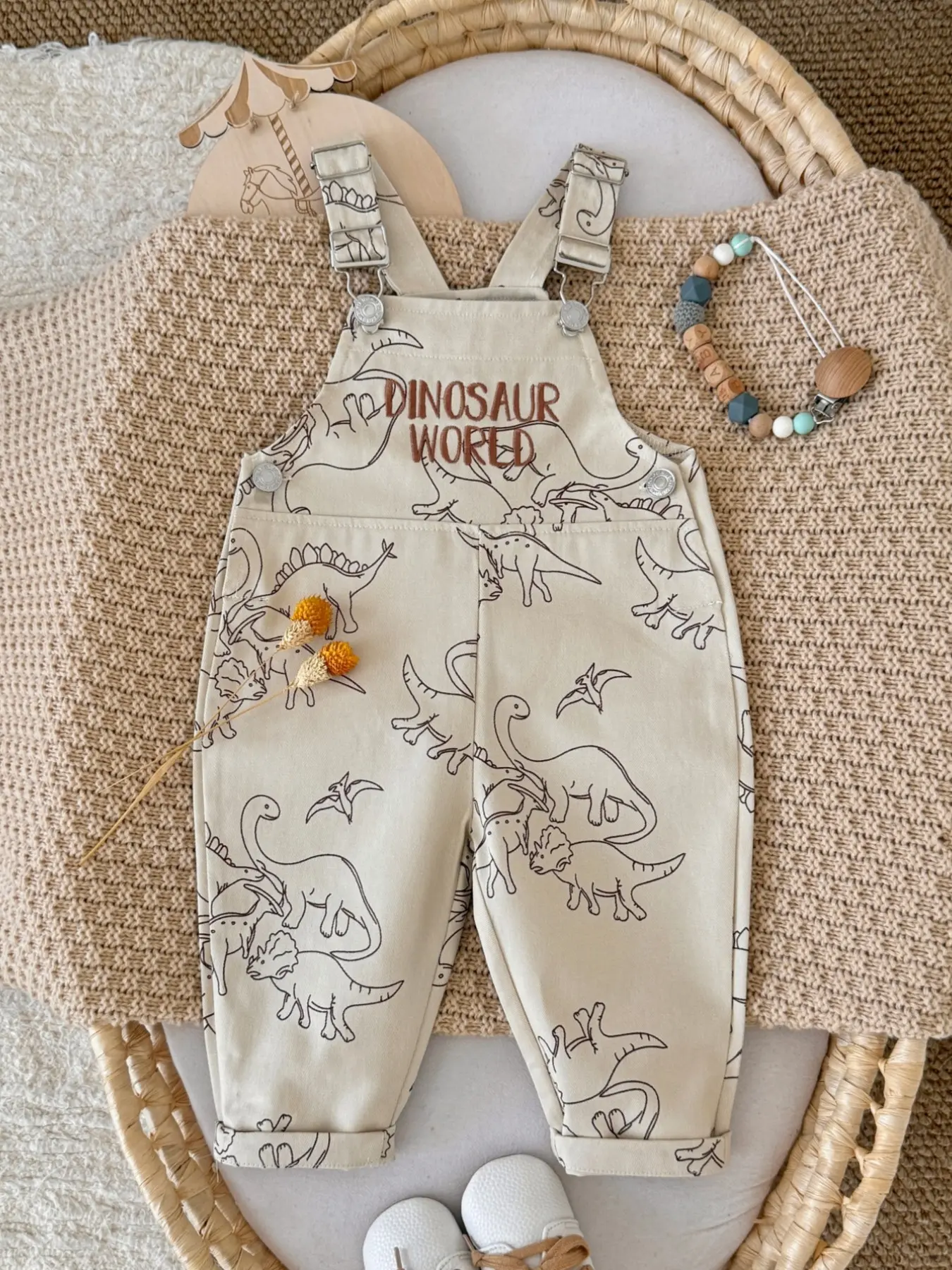 Boys' Cartoon Dinosaur Print Jumpsuit, Adjustable Shoulder Straps, Loose-Fit, Spring & Fall, Infant Straight Leg Pants, Toddler Jumpsuit