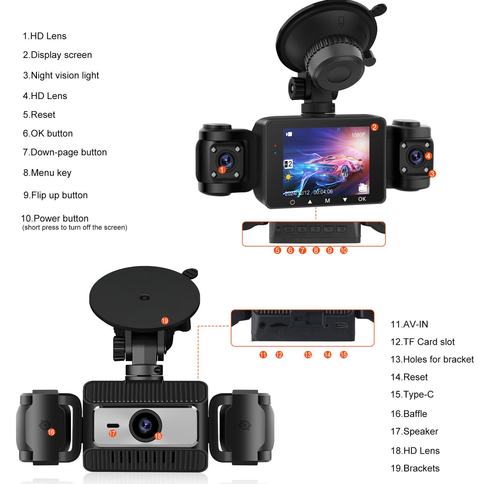 4 Channel Dash Cam Front and Rear Inside, 360° Dashcam Inserted 64GB TF Card, Dash Camera for Cars, 2" Screen, Night Vision, G-Sensor, Loop Recording, Driving Recorder, Car Camera DRV