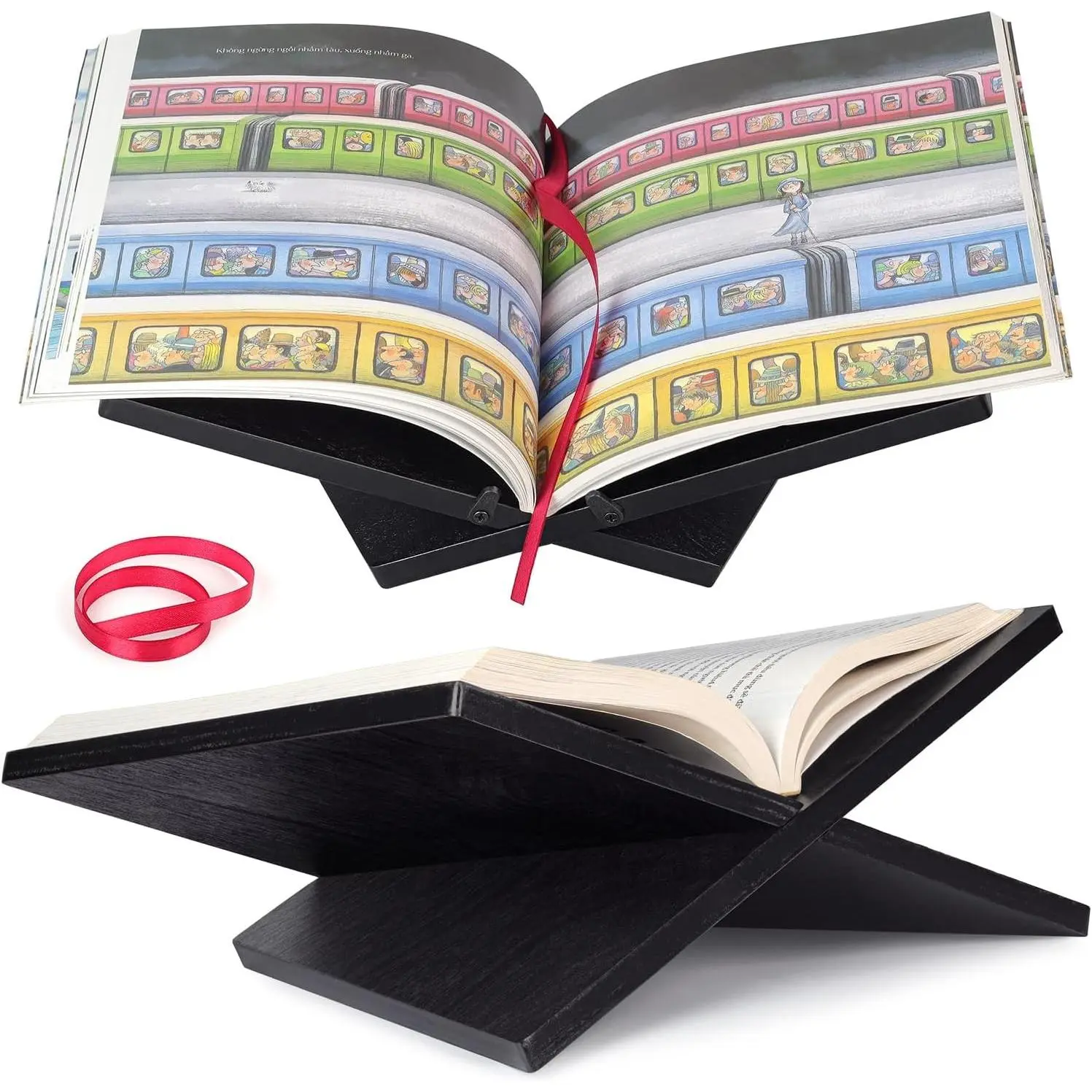 Solid Wood Book Stand for Reading and Display, Foldable Book Holder for Cookbooks, Art Books, Bibles, Magazines – Open Book Stand for Kitchen, The Front Stopper Helps Prevent Books from Sliding
