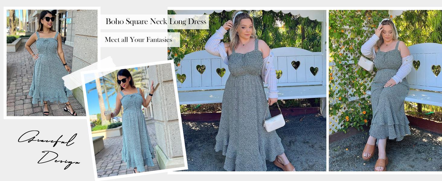 GRACE KARIN Women's 2025 Summer Floral Boho Dress Square Neck Strapped Swing A Line Sundress Beach Long Maxi Outfits