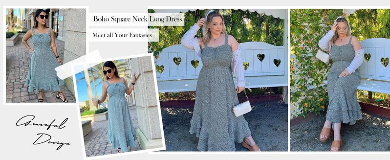 GRACE KARIN Women's 2025 Summer Floral Boho Dress Square Neck Strapped Swing A Line Sundress Beach Long Maxi Outfits