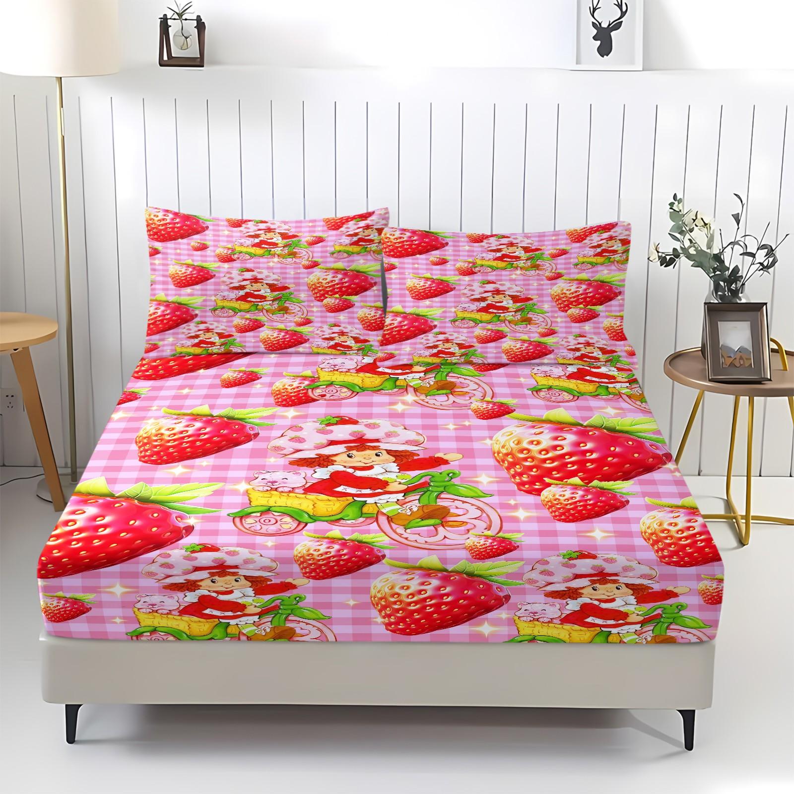 Strawberry Shortcake Gingham Fitted Sheet Set, 1 Fitted Sheet + 2 Pillowcases - 3 Pcs Soft Breathable Bedding with Deep Pocket, 360° All-Round Wrap, Wrinkle Resistant, Cute Strawberry Cartoon Bed Sheets for Girls Bedroom Decor, Full Size