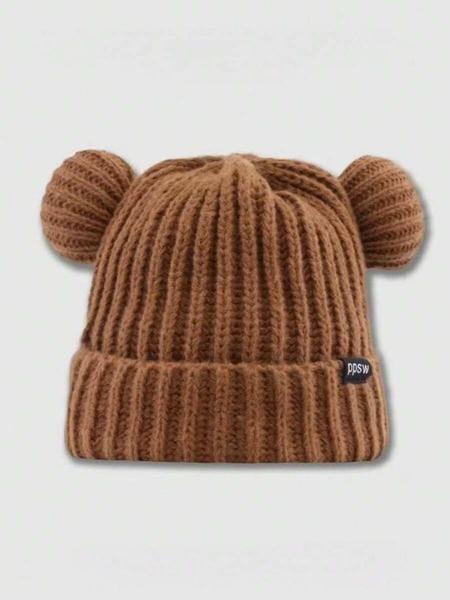 Women's Animal Ear Knit Beanie Hat, Casual Letter Patch Acrylic Warm Cap, Bear Shape Fitted Sweater Hat for All Seasons, Knitted Winter Hat