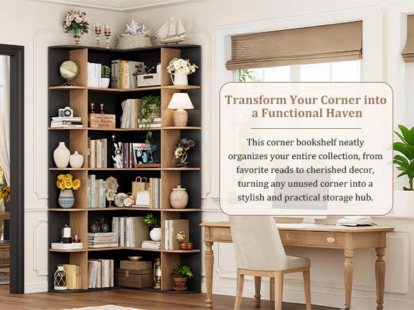 FOTOSOK 74'' Tall Corner Bookshelf, 6-Tier Bookshelf and Bookcase with Open Storage, L Shaped Tall Bookcases Wooden Storage Shelves for Home Office