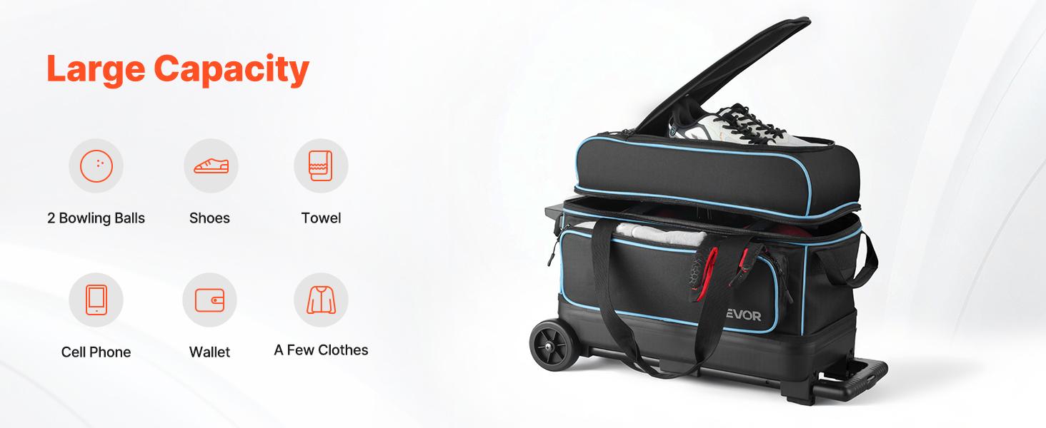 fathersdaygift  VEVOR Bowling Ball Bag, 2 Ball Double Roller Bowling Bag with Wheels, Featuring a Separate Compartment for Shoes (Up To US Size 16) Oversized Accessory Pocket, Retractable Handle Extends to 41.32 in