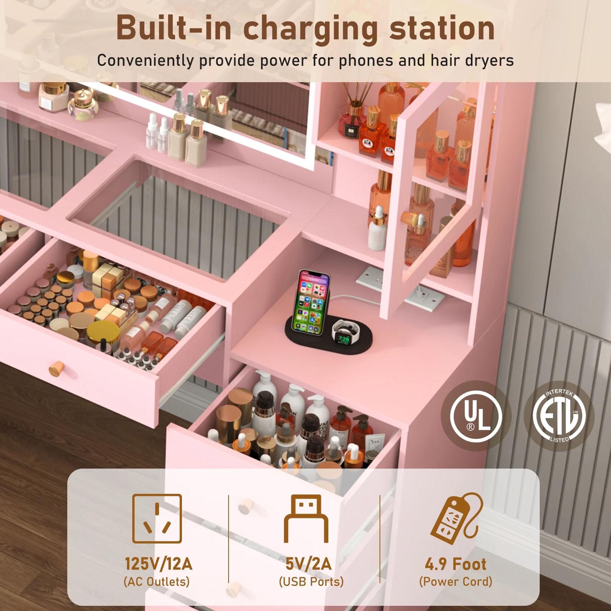 62" Large Vanity Desk w/ Tempered Glass Top,60000-color LED Lights,Power Outlet, Make up Vanity w/ 3 Lights Mode LED Mirror,2 RGB Cabinet LED Vanity Table for Women,Girls (White/Black)