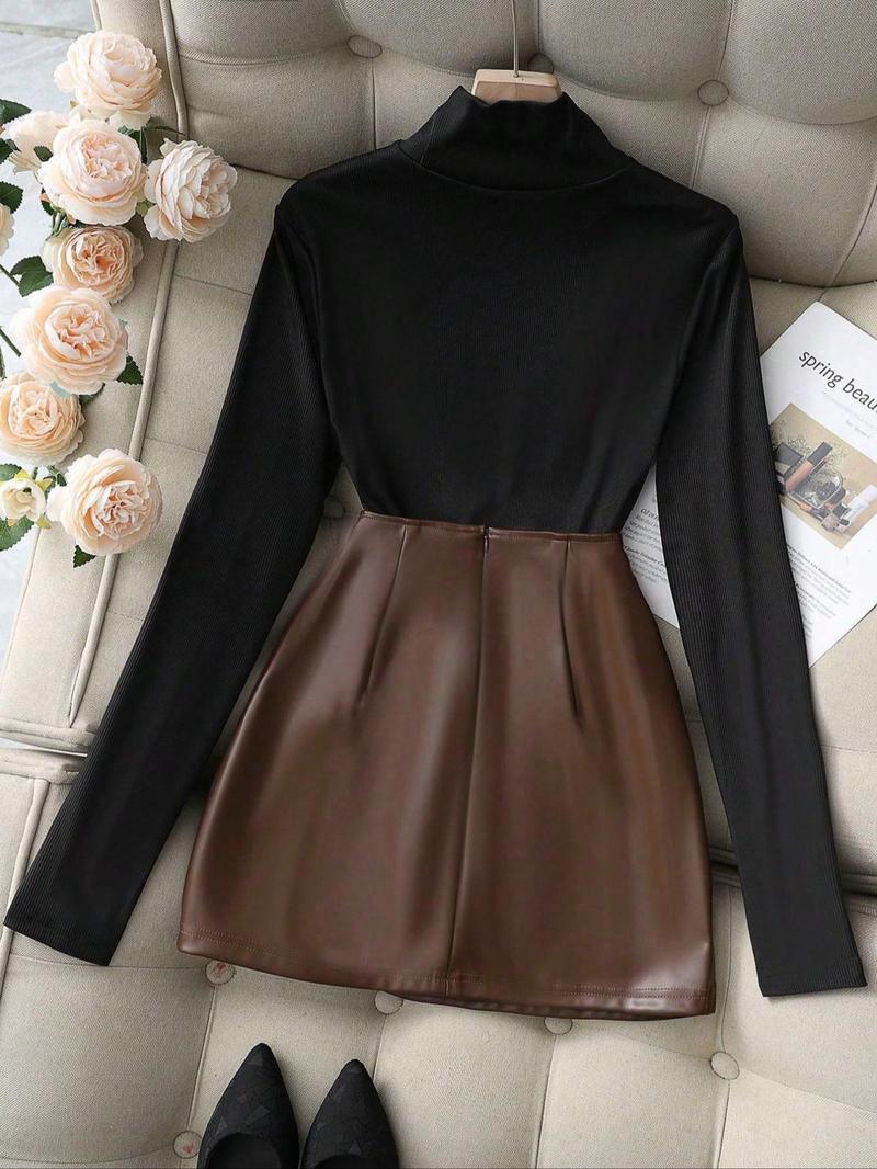 Women's Elegant Knit Commuter Set, Top and Skirt, Fall Winter Fashion, Two-Piece, Office Wear