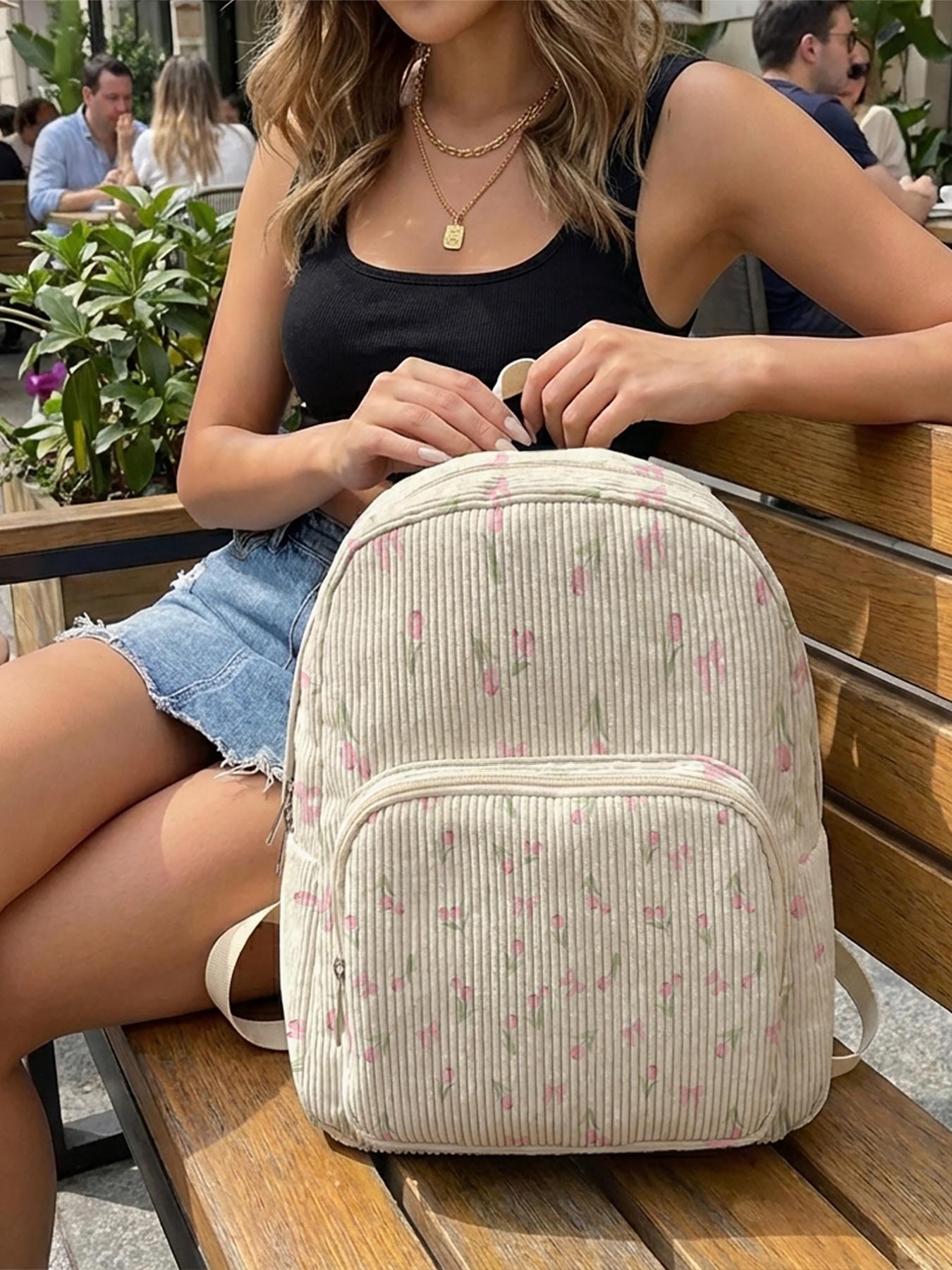 1 piece of 'Pink Tulip Pattern' 2D printed ladies' backpack, corduroy texture + layered storage + light weight reduction | Perfect for students to go to class/shopping/short trips | Combines atmosphere with practicality