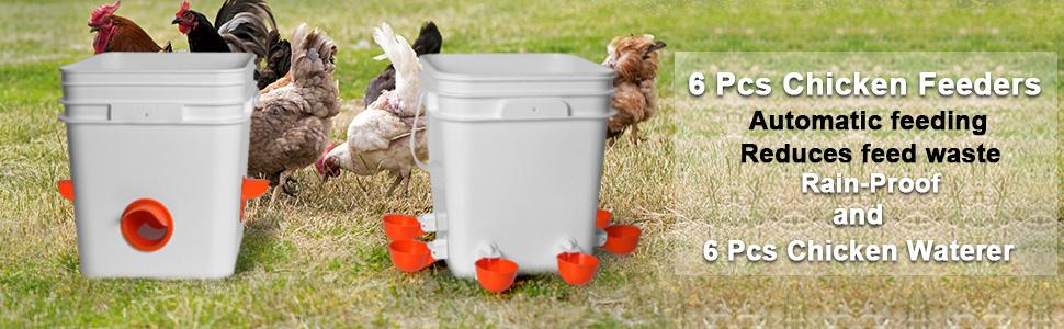 Automatic Chicken Duck Feeder Kit,No Waste Automatic Poultry Feeder Ports Kit & Waterer Set, Rainproof, No Waste,6 Feeding Ports, 6 Water Cups,A hole Saw and Drill Bit