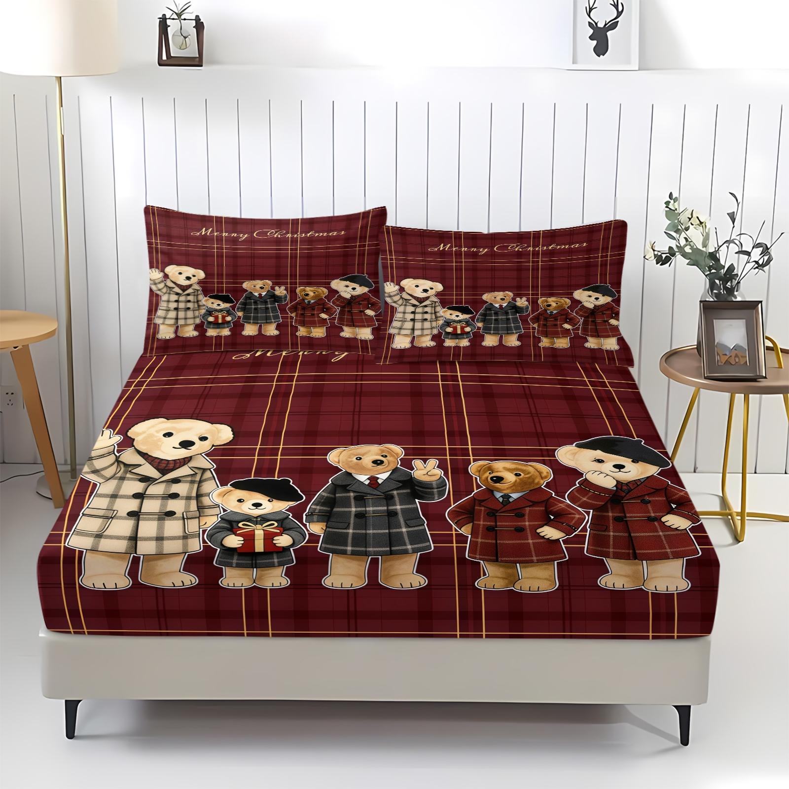 Teddy Bear Pattern Bed Sheet, Comfortable Printed Pattern, Includes 1 Bed Sheet and 2 Pillowcases, Comfortable Bedding, Non slip Dust Cover Suitable for Bedroom and Guest Room, Suitable as a Gift for Children or Adults