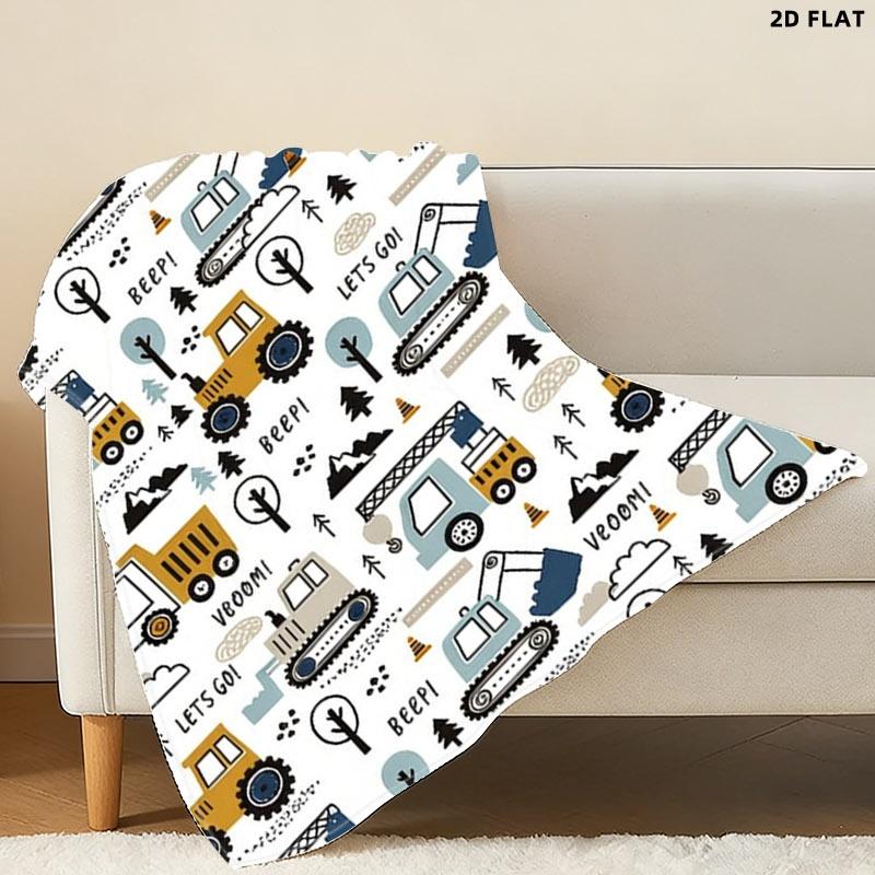 Kids' Space Style Construction Vehicles Printed Throw Blanket, Single - sided Printed, Multiple Specifications Available, Vibrant Design with "LET'S GO!", "BEEP!", "VBOOM!" Phrases, Ideal for Leisure & Napping Scenes