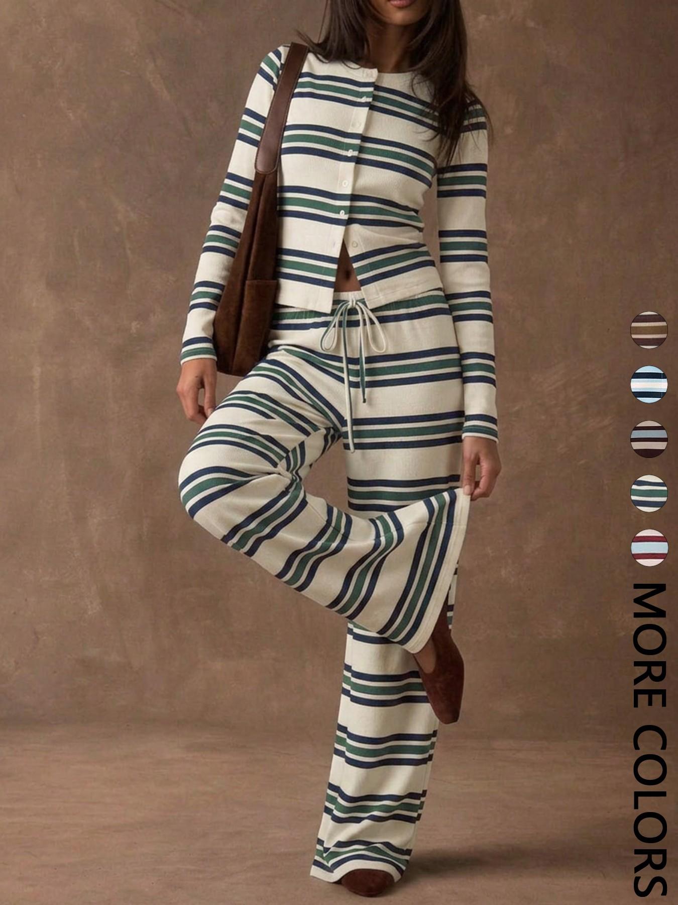 Women's Striped Knit Two-Piece Set, Crew Neck Long Sleeve Button Front Crop Top, Elastic Waist Drawstring Wide Leg Pants, Daily Casual Loungewear Vacation Wear, Soft Stretchy Breathable Women's Striped Knit Two-Piece Set, Crew Neck Long Sleeve Button Front Crop Top, Elastic Waist Drawstring Wide Leg Pants, Daily Casual Loungewear Vacation Wear, Soft Stretchy Breathable