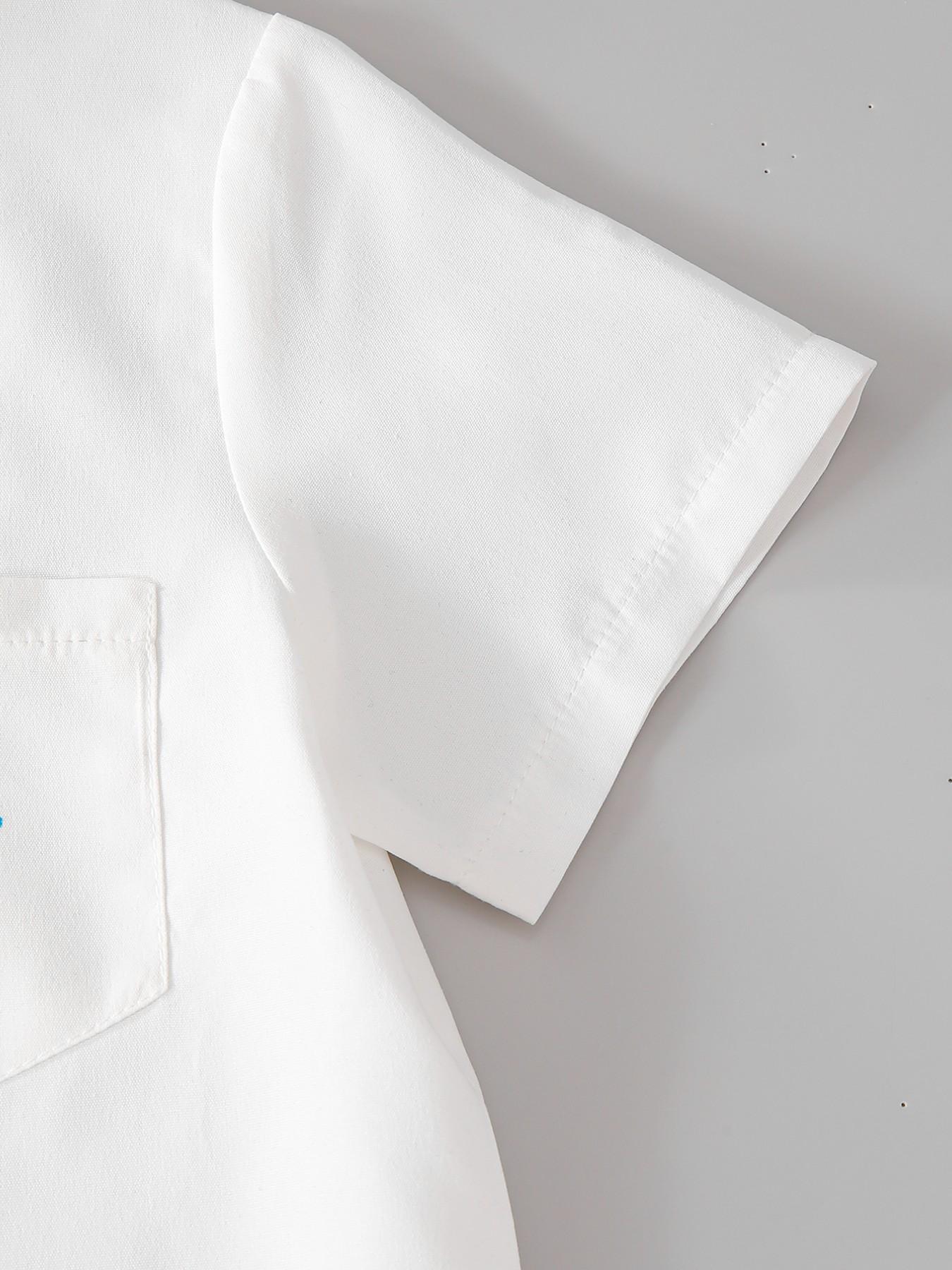 Boys' Summer Casual Set, Button Front Stand Collar Shirt, Short Sleeve with Pocket, Cute Dinosaur Print, Striped Shorts, 2-Piece Set