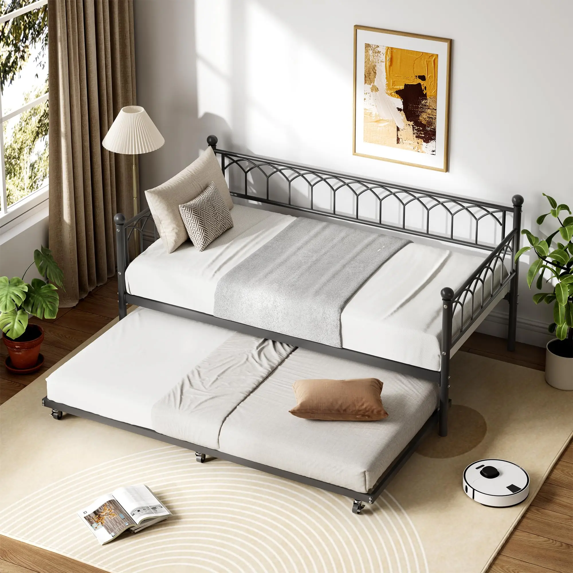 Gaomon Dark Black Metal Frame Daybed with Trundle, LED Lights, USB Port, RGB Lights, Charging Dock, 2-in-1 Space-Saving Design for Guest & Living Room