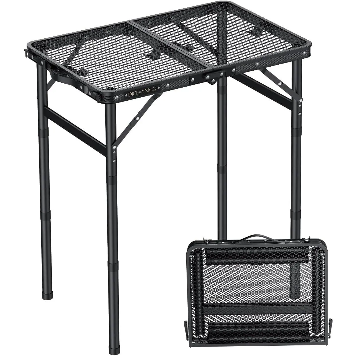 Folding Camping Table, 22.8"x15.7" Picnic Table, 3 Adjustable Height | 2-Fold Mesh Black Aluminum, Handle for Party Dining Garden Patio, Max 27.5" Folding Table