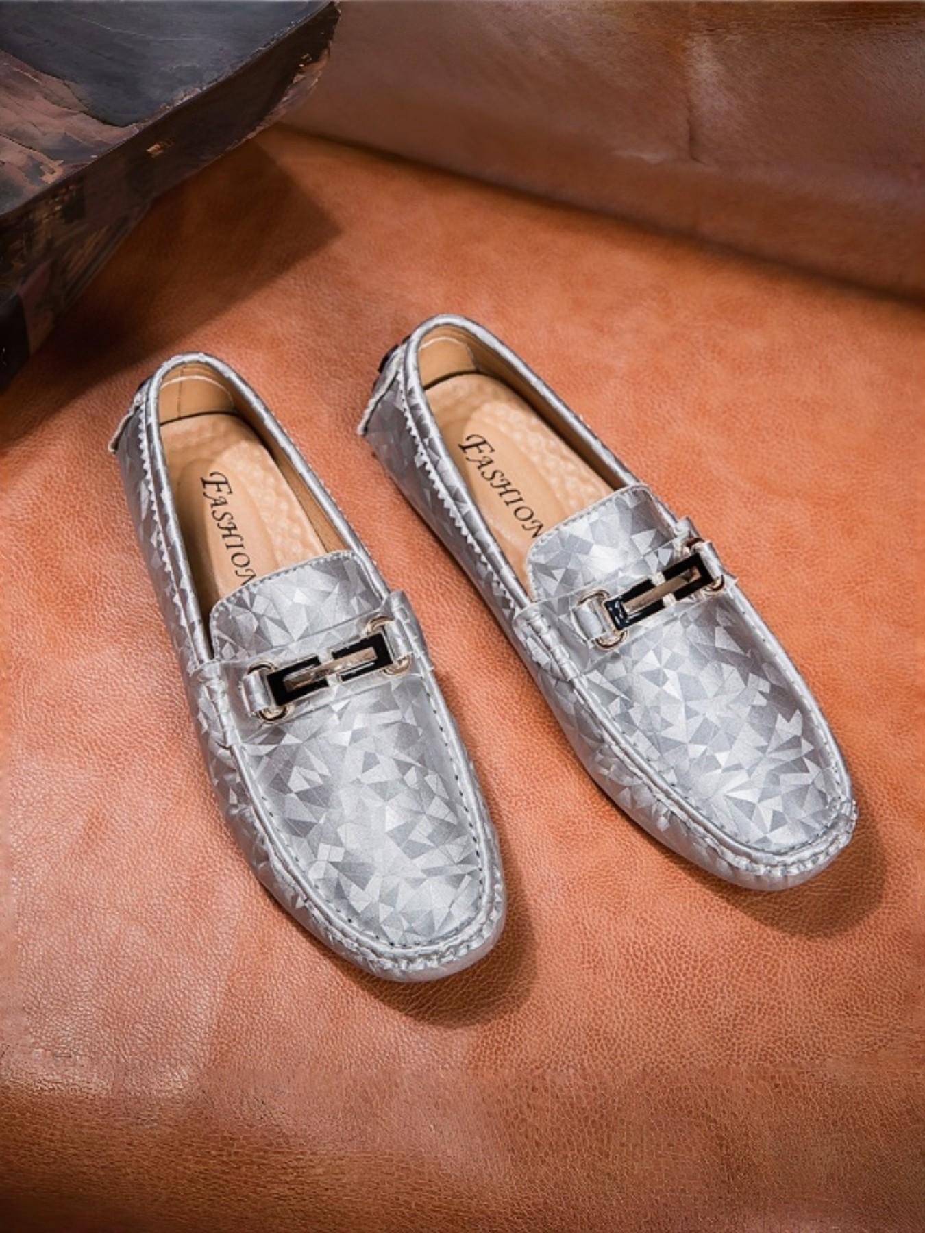 Men's Plaid Buckle Loafers, Daily Commute/style, Glossy Embossed Texture, Metallic Decorative Buckles, Trendy Casual Shoes