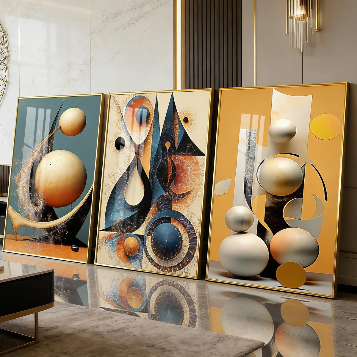 3 Counts Aluminum Alloy Framed Painting, Abstract Geometric Shapes And Spheres Art Pictures, Home Decoration For Living Room, Bedroom, Office, Restaurant, Hallway Wall Decor, Odorless Print Artwork, Luxury Perfect Gift For Friends And Family