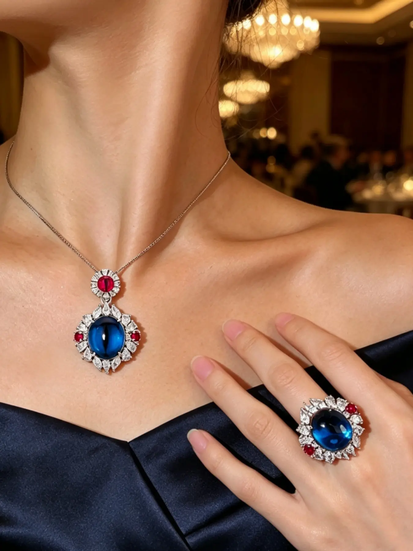 2Pcs Cabochon Deep Blue Jewelry Set Pendant Necklace Adjustable Open Ring Marquise Halo Magenta Accent Cubic Zirconia Gift Box For Women Gift For Mom Mother Jewelry Daily Formal Dinner Luxury Accessory