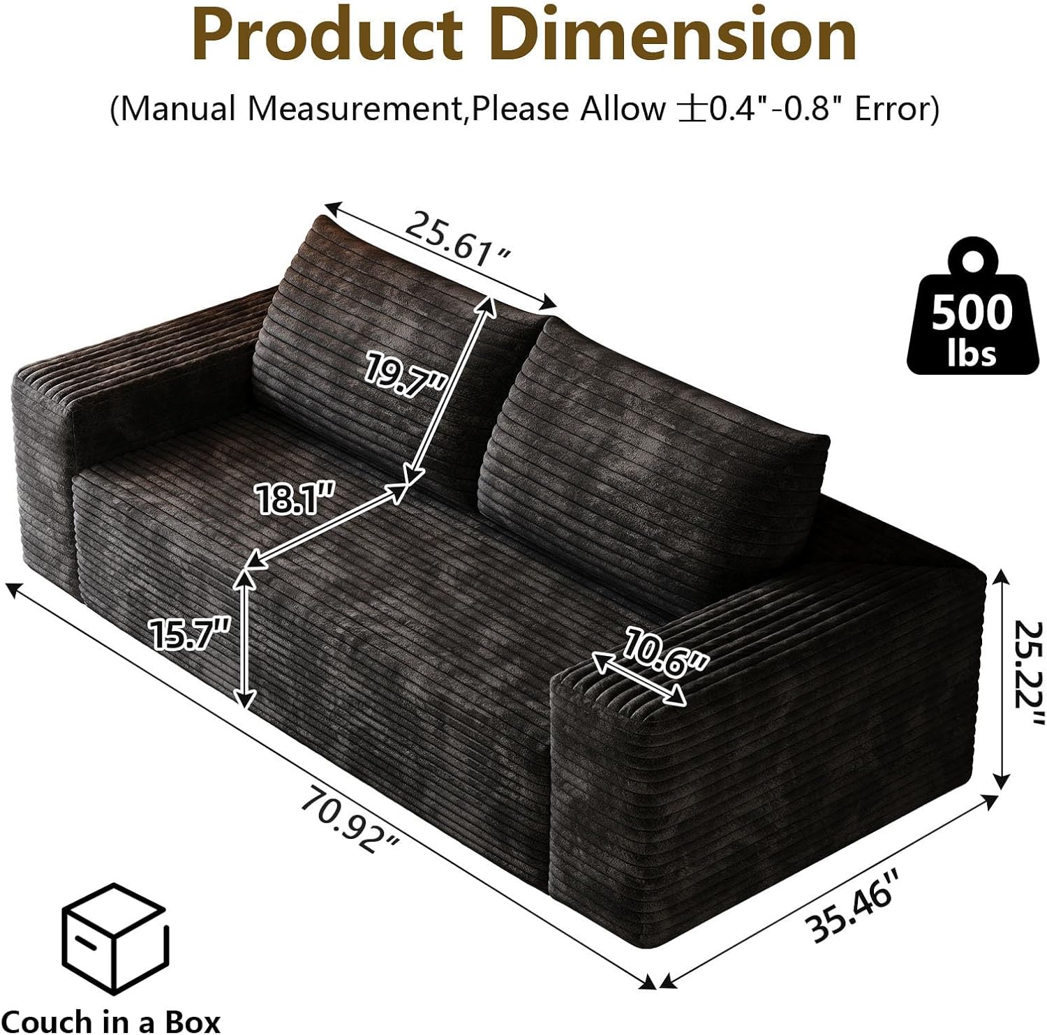 71" Corduroy 3-Seater Sofa, Deep Seat Couch with Pillow, 600 lbs Capacity, No Assembly Required, for Living Room, Apartment, Bedroom (Black)