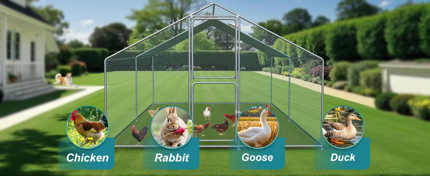 Chicken Coop Large Metal Chicken Run for 6/10 Chickens Poultry Cage with Waterproof Cover for Duck Walk-in Chicken Pen for Yard