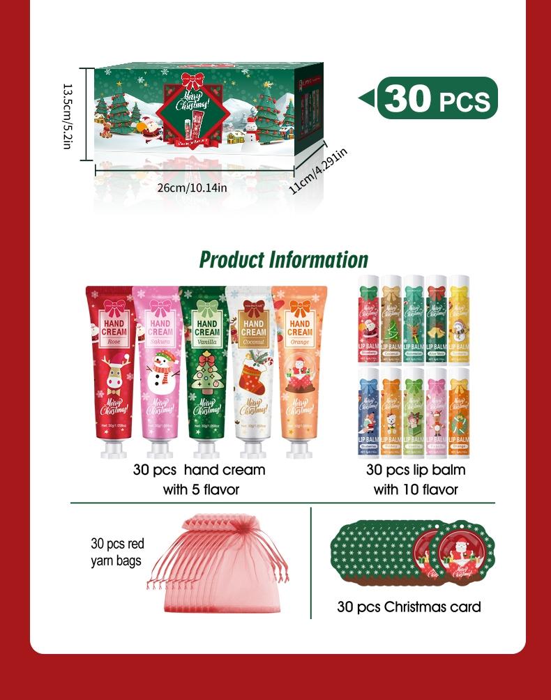 Christmas Gift Set Including Lip Balm, Hand Cream, Christmas Cards, Bags, Perfect for Holiday Gifts, New Year Parties, Decorations