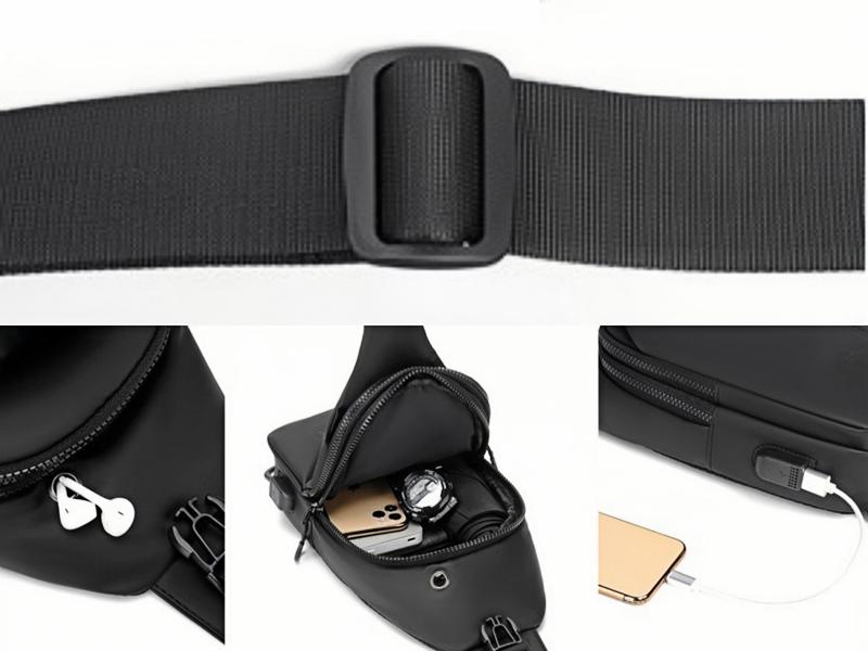 Waterproof Sling Bags Mens Shoulder Crossbody Backpack with USB Charging Port& Headphone jack,Outdoor Lightweight Bag, Durable PU Sling Bag,Zipper Bum Bag