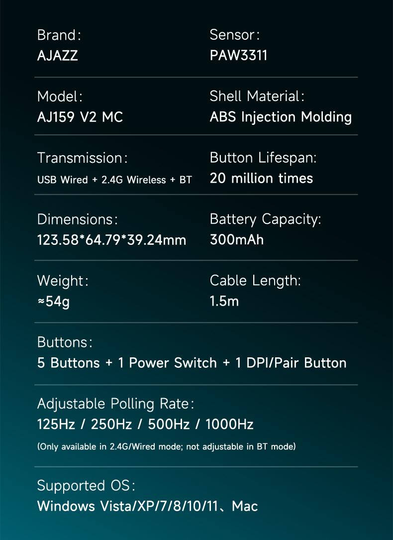 AJAZZ AJ159 V2 MC wireless game mouse battery replacement design the third mock examination computer office mouse PAW3311 sensor professional competitive driving game mouse DPI24000 supports multiple systems for games and office