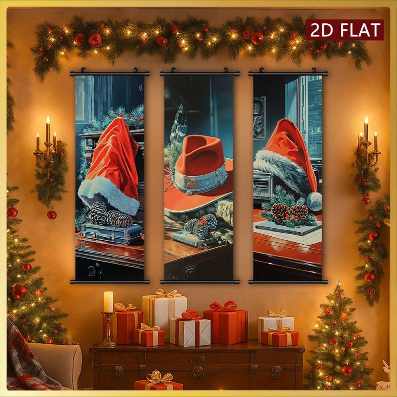 3Pcs Creative Christmas Hat Theme Hanging Scroll Poster Modern Minimalist Home Decor Paintings Odorless And Fade-Resistant Suitable For Bedroom Children'S Room Living Room Study Wall Decoration