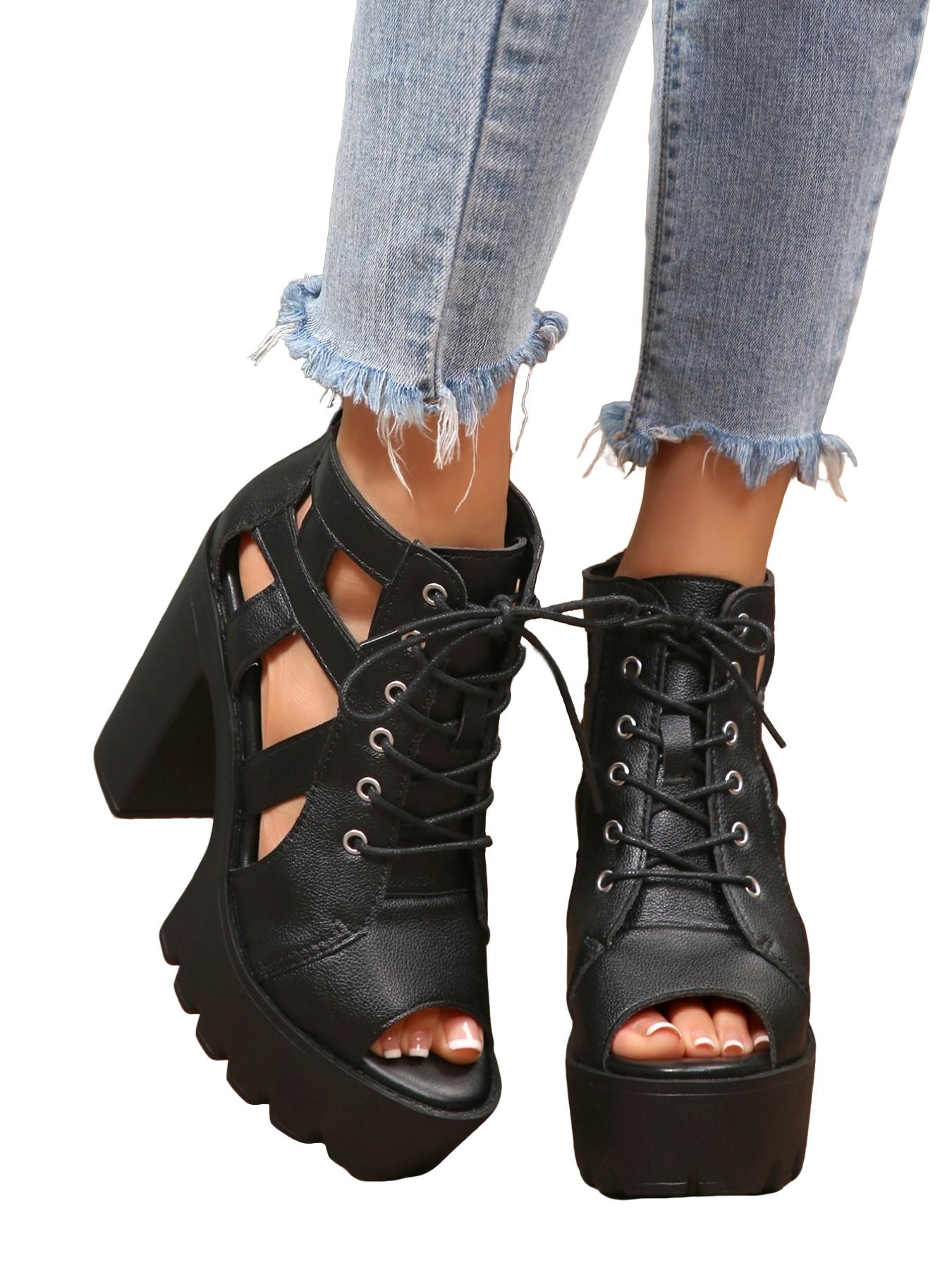 Hollow Out Fish Mouth High Top Sandals, Thick Sole Waterproof Roman Boots, Laces and Zipper Design, Slimming and Tall, Fashionable Women's Shoes