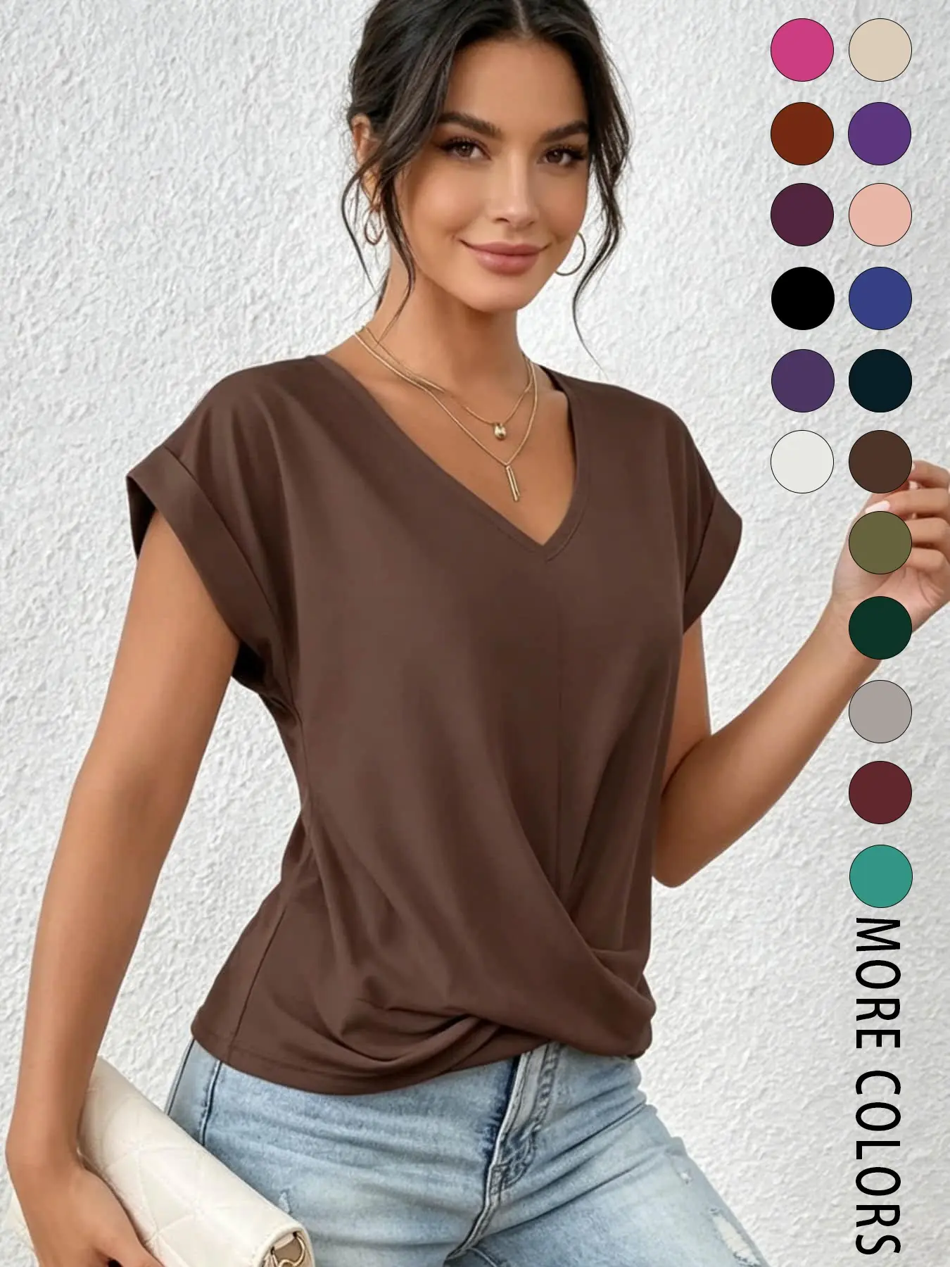 A fashionable solid color V-neck elegant short sleeved top for women, suitable for summer, daily commuting, travel, social parties and other occasions, Casual Shirts