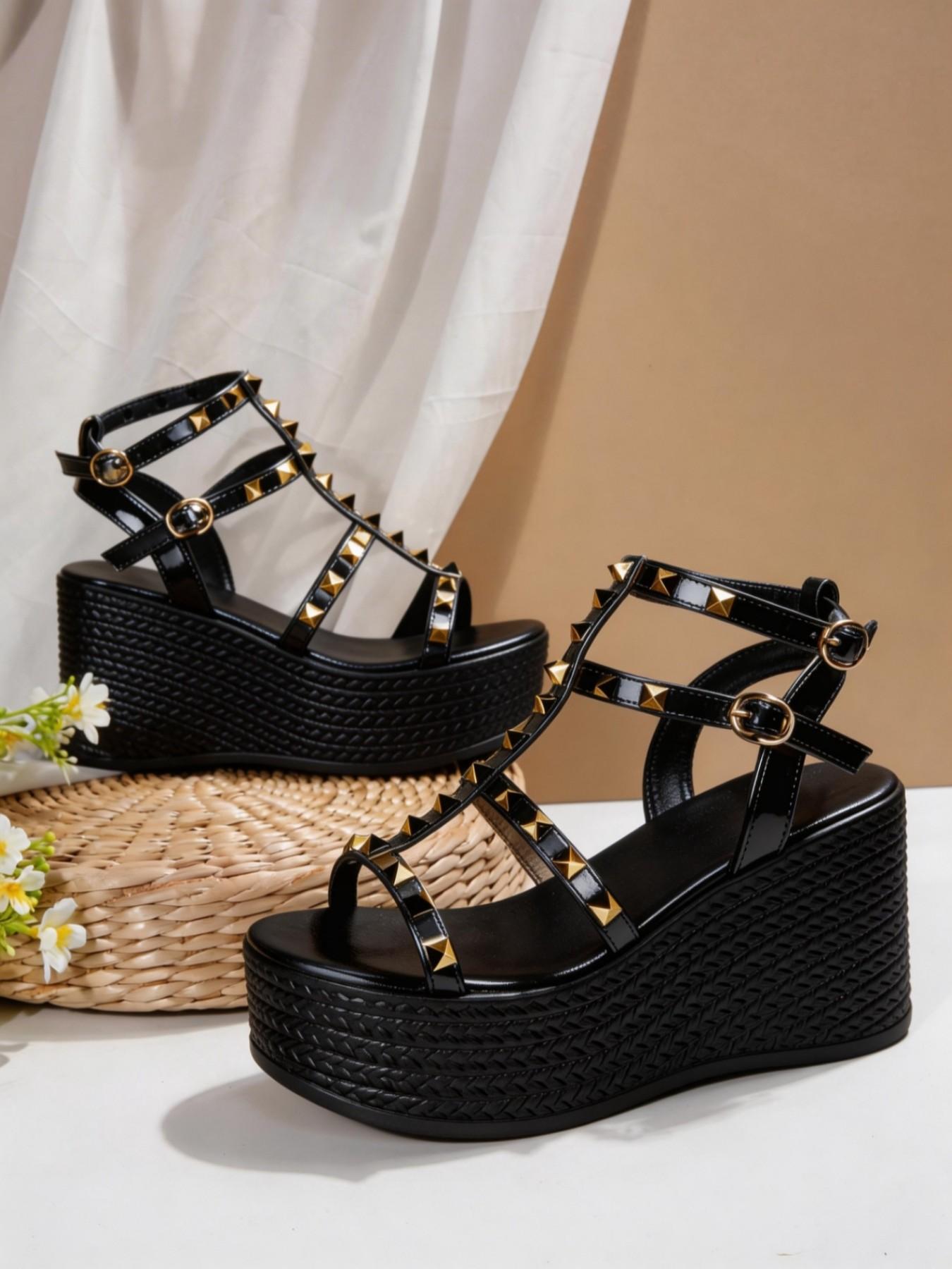 Women's Rivet Heeled Sandals Summer 2026, New T-Strap Thick Sole Platform Shoes, Backless High Heel Roman Shoes, PU Leather, Rubber Sole