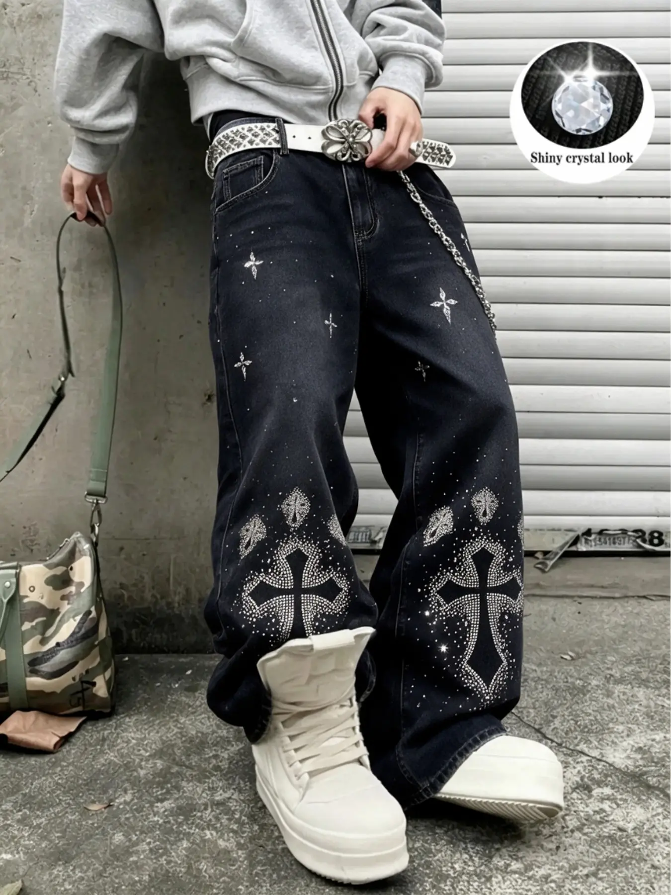American Men's Casual Jeans, Rhinestone Cross Patchwork Design, Loose-Fit Street Style, Breathable Fabric, All Seasons Comfort