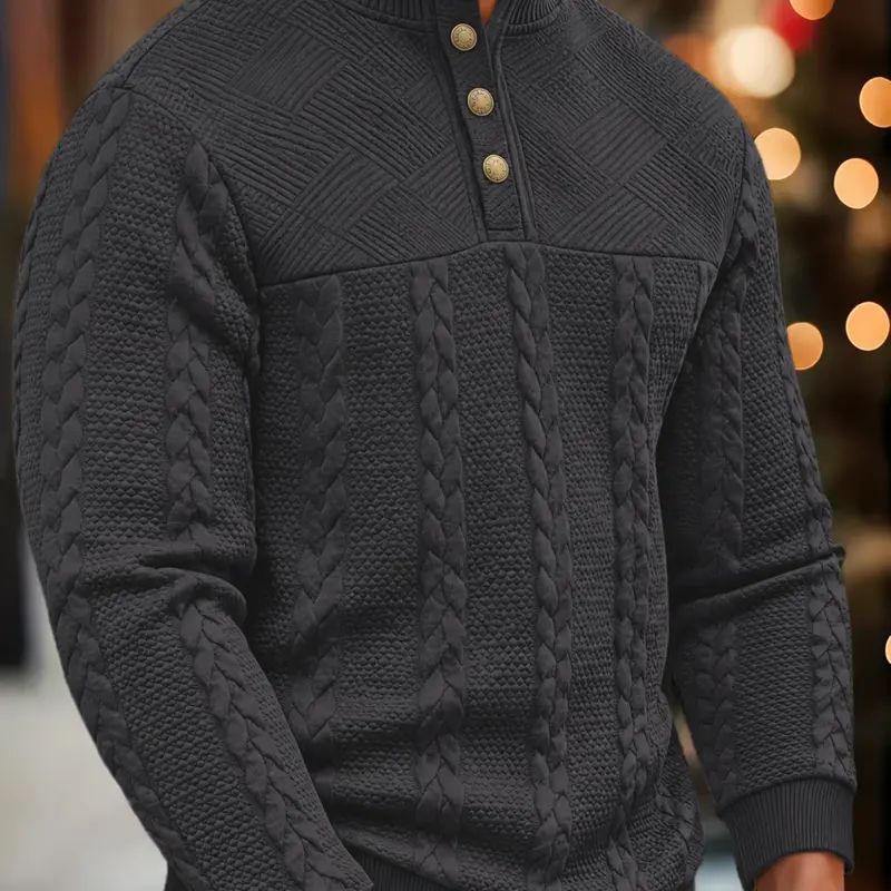 Men's long-sleeved Henry shirt, soft and elastic button long-sleeved jacquard pullover for autumn and winter, outdoor casual knitted jacquard sweatshirt Knitwear