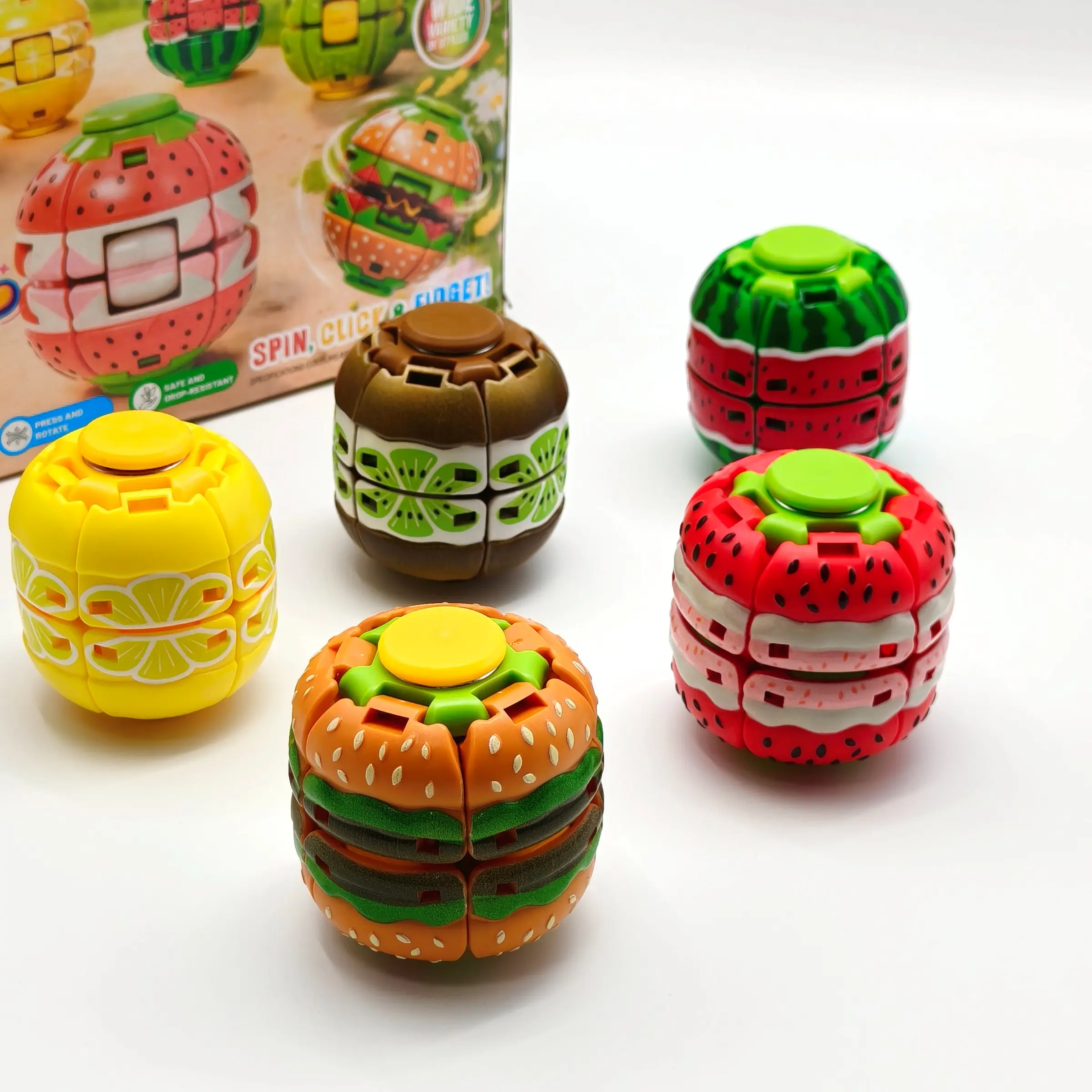 5 Pcs Fun Stress Relief Gyroscopic Toys, Fidget Spinning Tops, Burger and Fruit Finger Spinners, Desk Press Rotation, Office Decor, Holiday Gifts