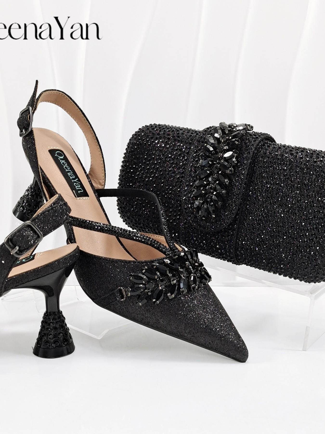 2026 Party New Italian Style High Heels with Bag, Style, Pointed Toe, Metal Decor, Rhinestone Accent, Elegant Olive Color, Women's High Heels