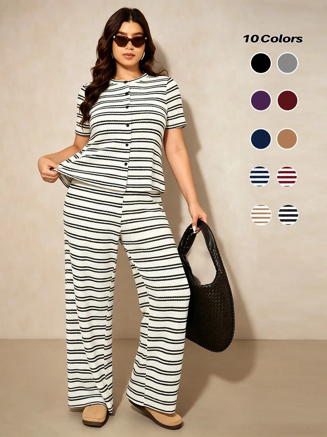 Women's Plus Size Loungewear Set, Striped Pattern, Front Button Design, Short Sleeve Top & Long Pants, Casual Comfortable Fashion, Lightweight Sleepwear, Pajama Set