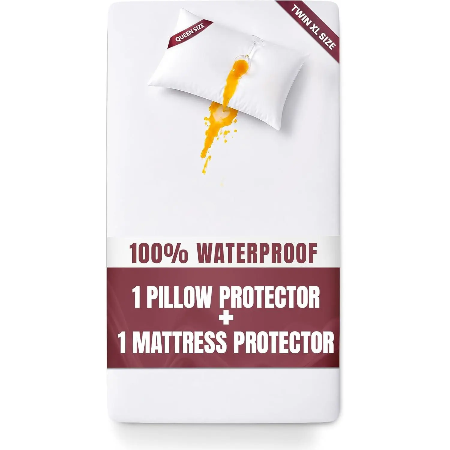 100% Waterproof Mattress Protector Set with Pillow Protector, Twin XL Elastic Deep Pocket Mattress Cover & Zippered Queen Pillow ProtectorGift