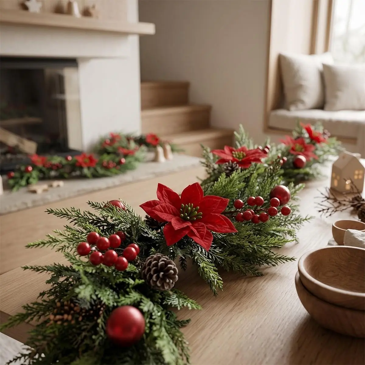 Artificial Norfolk Pine Christmas Garland, Poinsettia, Berries, Pine Cones, Xmas Ornaments, Indoor Outdoor Holiday Decor