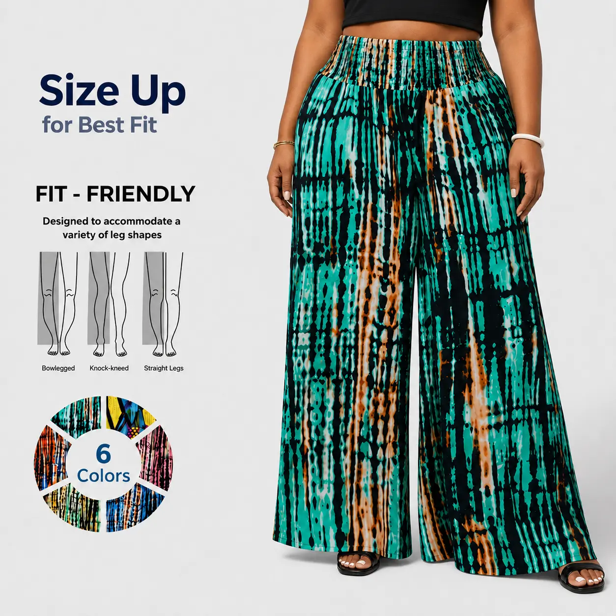 Women's High Waisted Wide Leg Palazzo Pants, Loose Fit Smocked Waist Flowy Beach Pants, Plus Size Friendly Boho Printed Pull On Trousers for Summer Vacation, Cruise, Resort Wear & Casual Outfits