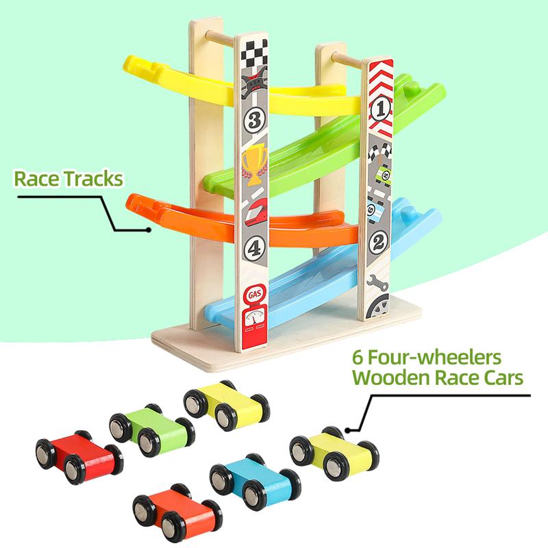 EDUTREE Toddler Toys Wooden Car Ramp Racer Toy Vehicle Set with 7 Tracks Mini Cars Race Tracks Montessori Inspired Gift for Boys Girls Play Playset Tricycle